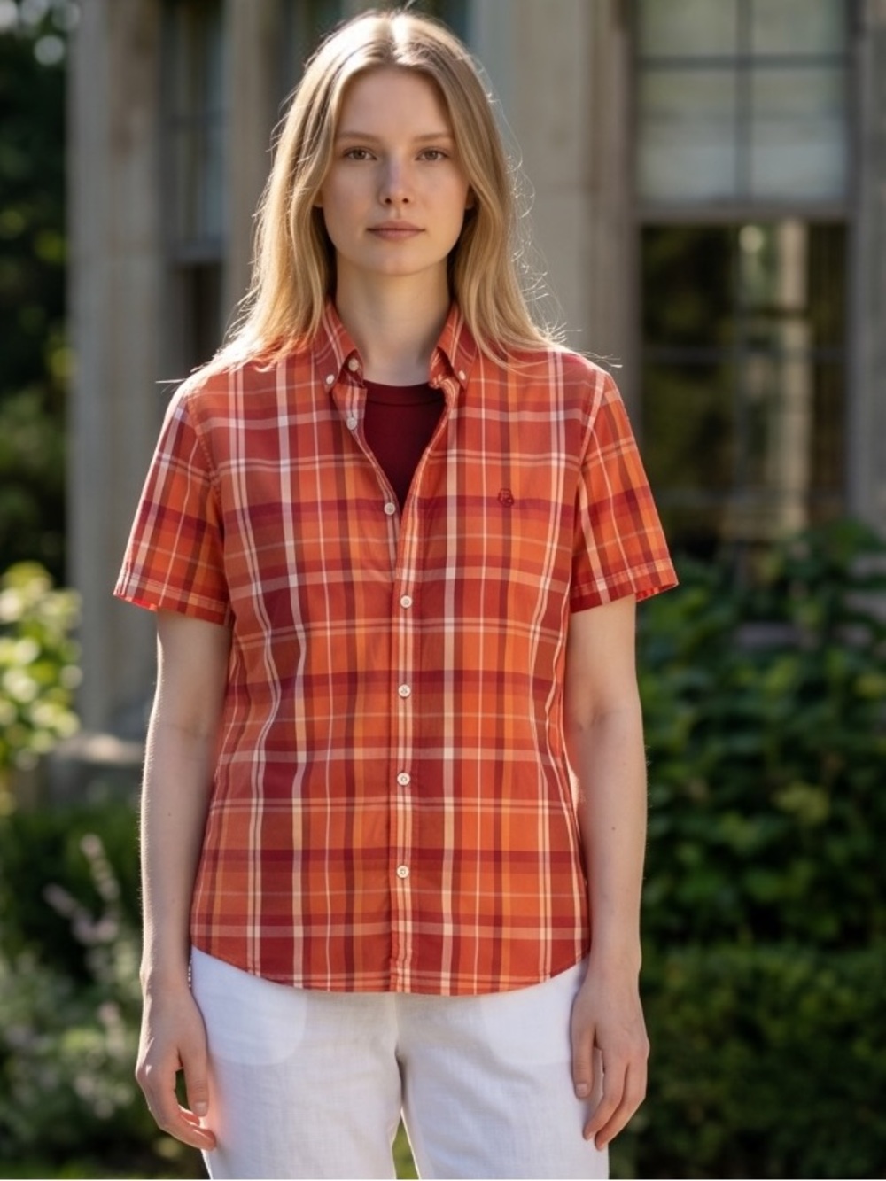 Bean Pole 100 Slim Fit Size Medium Orange Red White Plaid Short Sleeves Shirt